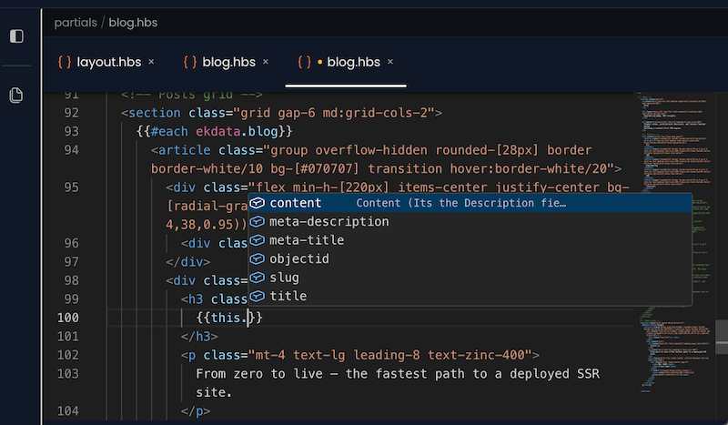 Ekit Studio template editor with autocomplete